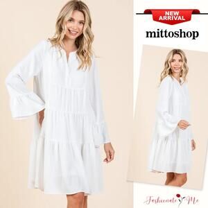 Mittoshop Tiered Detail Notch Neck Flare Sleeves Relaxed Fit Mini Dress | Ivory